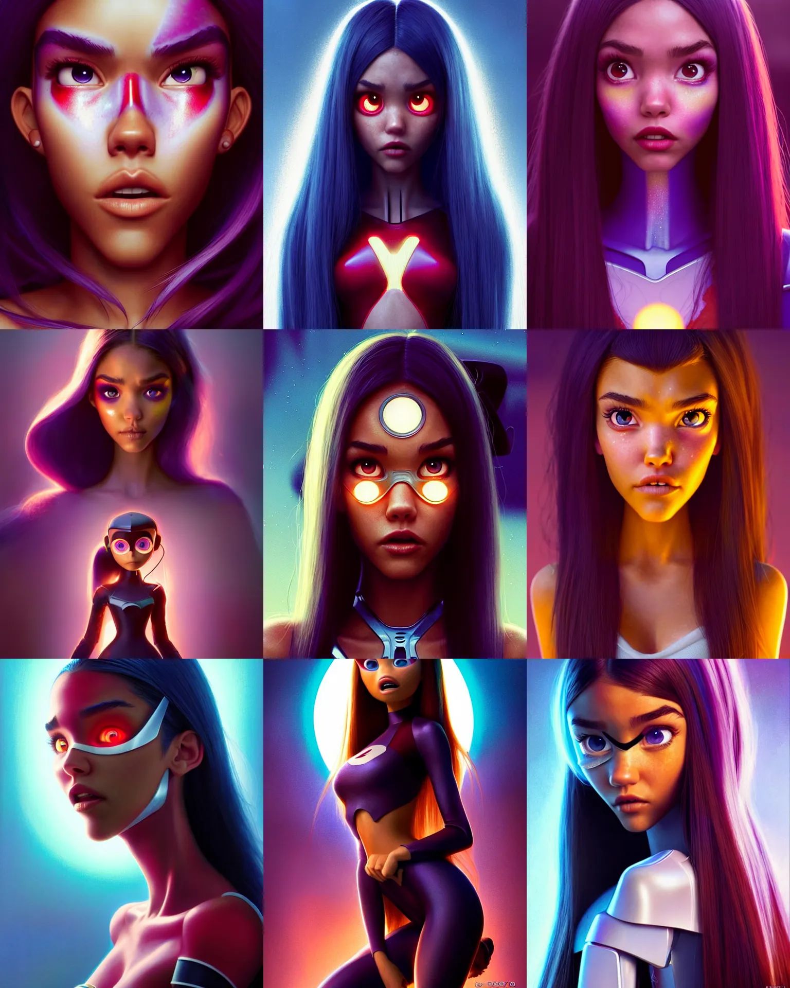 Prompt: pixar movie still portrait photo of madison beer, jessica alba : : as hero devil young woman cyborg by pixar : : by greg rutkowski, wlop, rossdraws, artgerm, weta, marvel, raver, elaborate intricate makeup, unreal engine, glossy skin, pearlescent, wet, bright morning, anime, sci - fi, magazine cover, : :