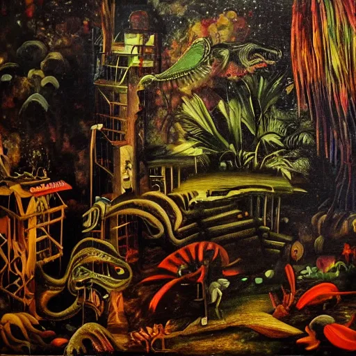 Prompt: high quality, high detail painting, dutch masterpiece, fluxus, film noir, william s burroughs, empty scene in las pozas with quetzalcoatl at night, hd, muted lighting