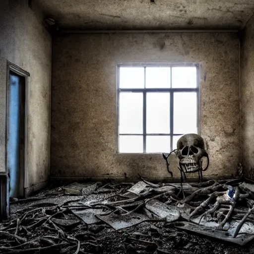 Image similar to the inside of an abandoned hospital, skeleton heads on the floor of the ruined hospital, realistic lighting