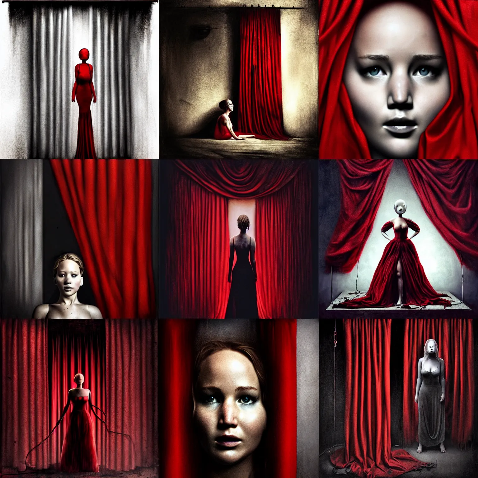 Prompt: mouthless Jennifer Lawrence as a puppet strings behind red curtains by Brooke Shaden, big black ropes from wrists to ceiling clearly visible, not facing camera, close-up shot, intricate, dystopian, sci-fi, extremely detailed, digital painting, artstation, concept art, smooth, sharp focus, illustration, intimidating lighting, incredible art, details visible, very dark ambiance