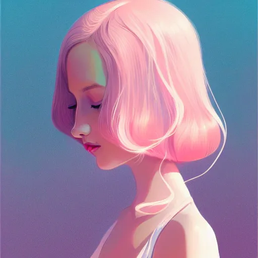 Image similar to young female in summer dress art, pastel light pink long hair, muted colors, matte print, pastel colors, ornate, digital art, digital painting, fan art, elegant, artstation, head is centered, by Ilya Kuvshinov