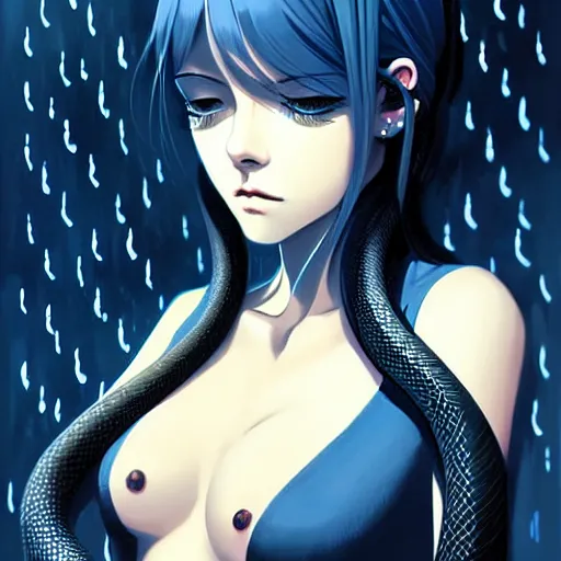 Image similar to beautiful seductive snake - girl, in the rain, highly detailed, painting, dark blue and black color palette, intricate, high quality anime artstyle, in the style of ilya kuvshinov