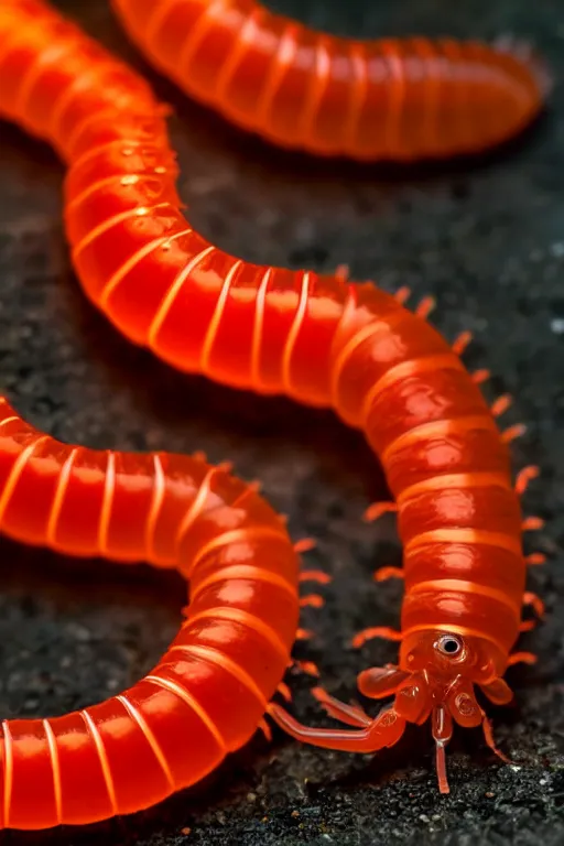 Image similar to high quality close-up photo translucent gelatinous centipede! gorgeous highly detailed hannah yata elson peter cinematic orange lighting high quality low angle hd 8k sharp shallow depth of field