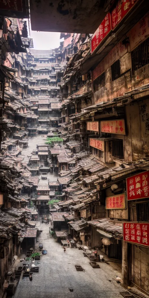 Prompt: an interior view of Kowloon walled city in Hong Kong, flat lay, flat perspective, front perspective, very detailed, photoreal, 8k,