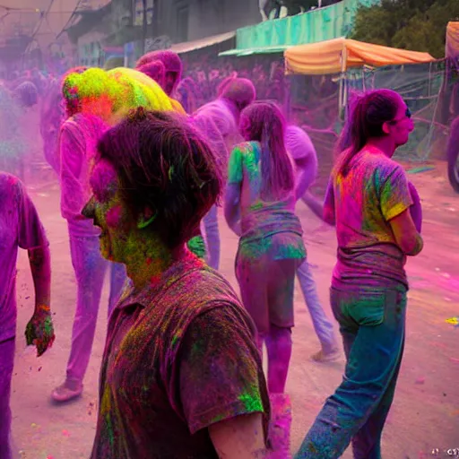 Prompt: festival of colors holi taking place in a cyberpunk world
