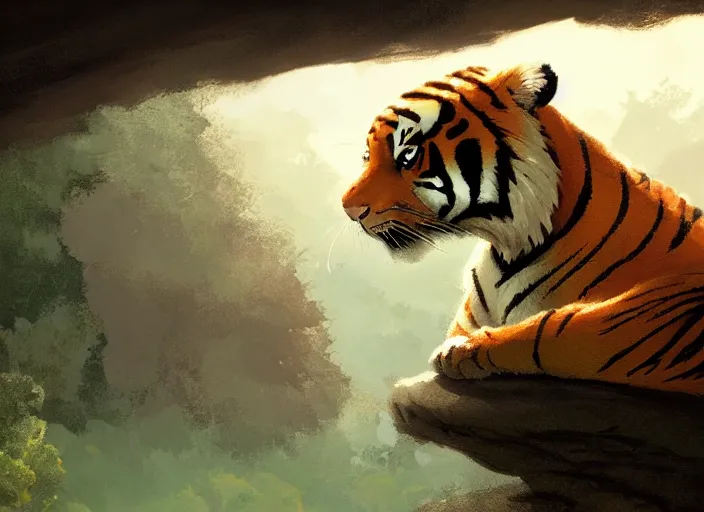 Image similar to a key shot of Tiger looking at bunny animation at mid-day, medium shot, waist up, studio Ghibli, Pixar and Disney animation, sharp, key art by Greg Rutkowski, dramatic lighting, flat texture