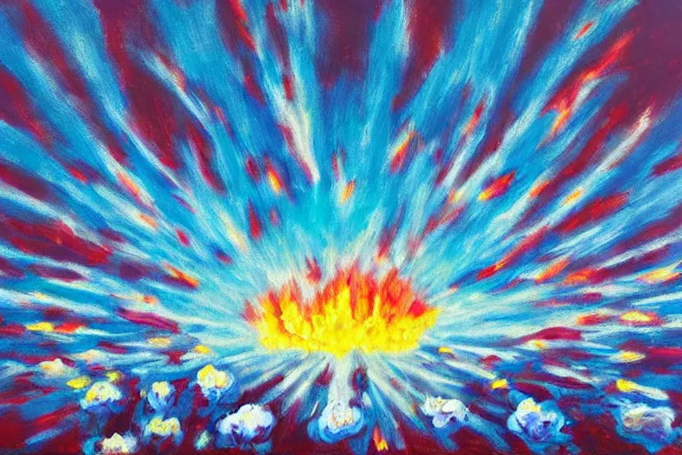 Prompt: oil painting of giant explosion made with flowers, clean blue sky, in style of 80s sci-fi book art