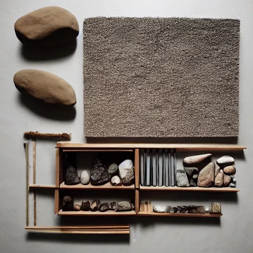 Prompt: “extravagant luxury mountain home architectural materials flatlay, stone, tatami, straw, bamboo, rock, pebbles, pale Japanese natural palette, modern rustic”