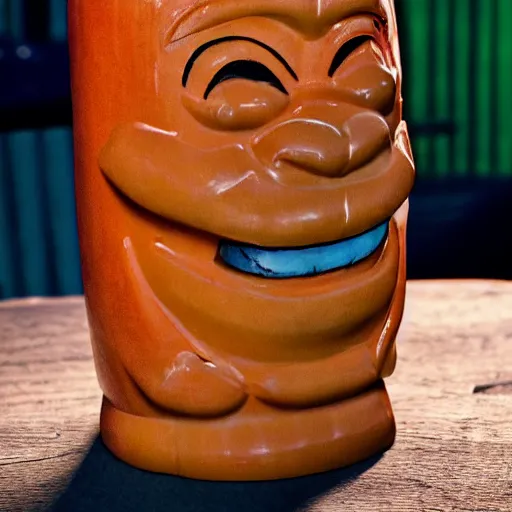 Image similar to a closeup photorealistic photograph of an orange cat garfield style tiki mug sitting at a trader vic's bar with garfield's face on the front. tiki party. bright scene. fine detail. this 4 k hd image is trending on artstation, featured on behance, well - rendered, extra crisp, features intricate detail, epic composition and the style of unreal engine.