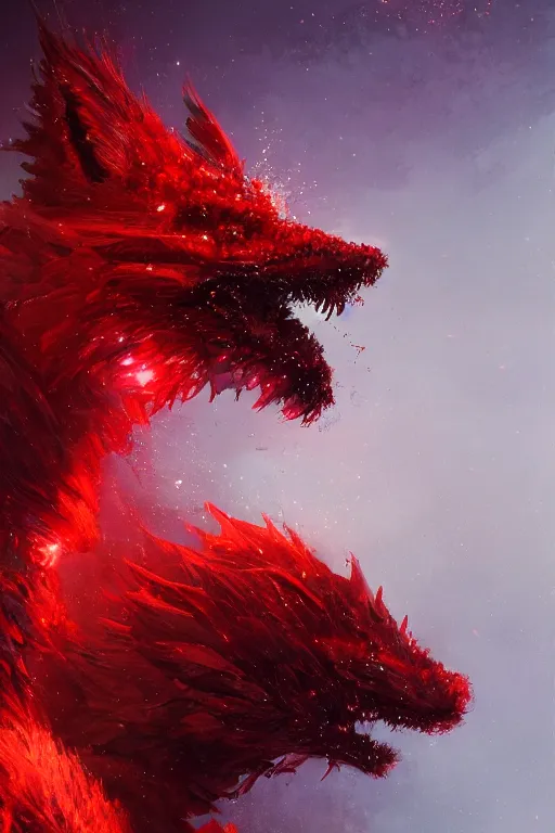 Image similar to A fancy portrait of a red crystalized beast by Greg Rutkowski, beeple, Sung Choi, Mitchell Mohrhauser, Maciej Kuciara, Johnson Ting, Maxim Verehin, Peter Konig, final fantasy, macro lens, 35mm, 8k photorealistic, cinematic lighting, HD, high details, dramatic, dark atmosphere, trending on artstation