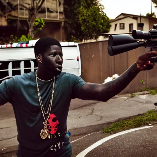 Image similar to angry gucci mane shooting and terrorizing people in the hood, 8k resolution, full HD, cinematic lighting, award winning, anatomically correct