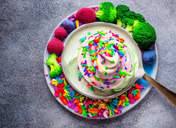 Image similar to food photo still of soft serve swirled frozen yogurt topped with broccoli and rainbow sprinkles, 8 5 mm f 1. 8 studio lighting