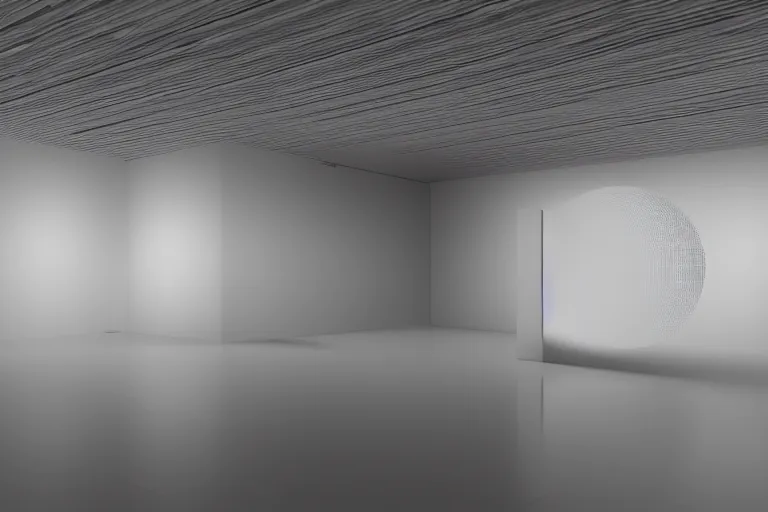 Prompt: still from internet ray tracing competition, unreal engine render, high quality render, realistic lighting, minimalist, liminal, foggy, empty museum, silver, glassy reflections