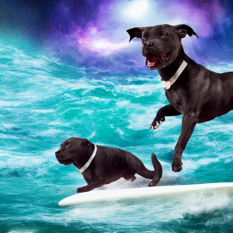 Prompt: photo of a female black coat pit bull with white paws, surfing on a surfboard in a crashing wave of alien ocean in space, background is an alien galaxy, aliens in the background, alien colors, octane render, unreal engine, wide view, 8 k, high detaild