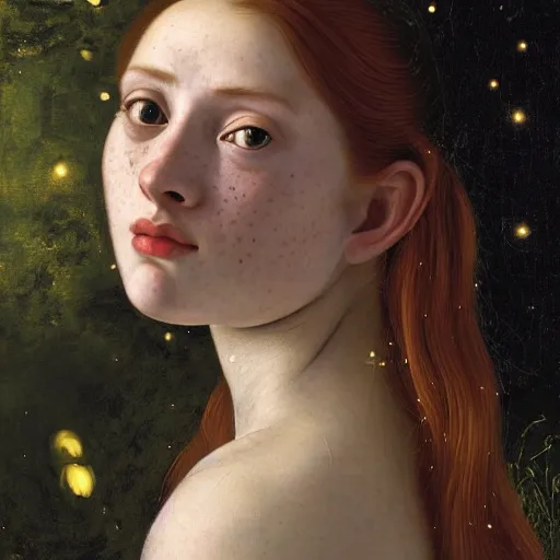 Prompt: portrait of a young woman, among the lights of golden fireflies and nature, long loose red hair, intricate details, green eyes, hint of freckles, round gentle face, happy, deep focus, smooth, sharp, golden ratio, hyper realistic digital art by artemisia lomi gentileschi and caravaggio and artgerm
