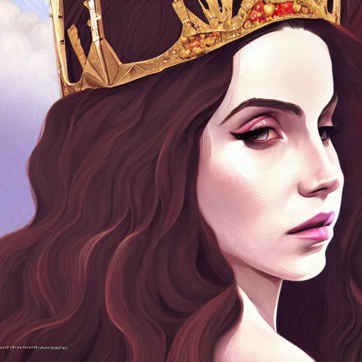 Image similar to portrait of lana del rey as a medieval queen, intricate, elegant, highly detailed, digital painting, artstation, concept art, smooth, sharp focus, illustration, art by studio ghibli, 8 k