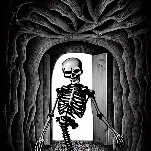 Prompt: storybook illustration of an open wardrobe revealing the entrance to a fantastic world featuring surreal horror skeleton, storybook illustration, monochromatic