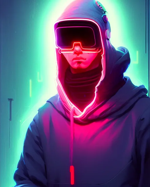 Image similar to cyberpunk synth, hyper - realistic detailed portrait of a man in a hoodie, with neon visor mask, digital painting, by atey ghailan, by greg rutkowski, by greg tocchini, by james gilleard, by joe fenton, by kaethe butcher, sharp focus