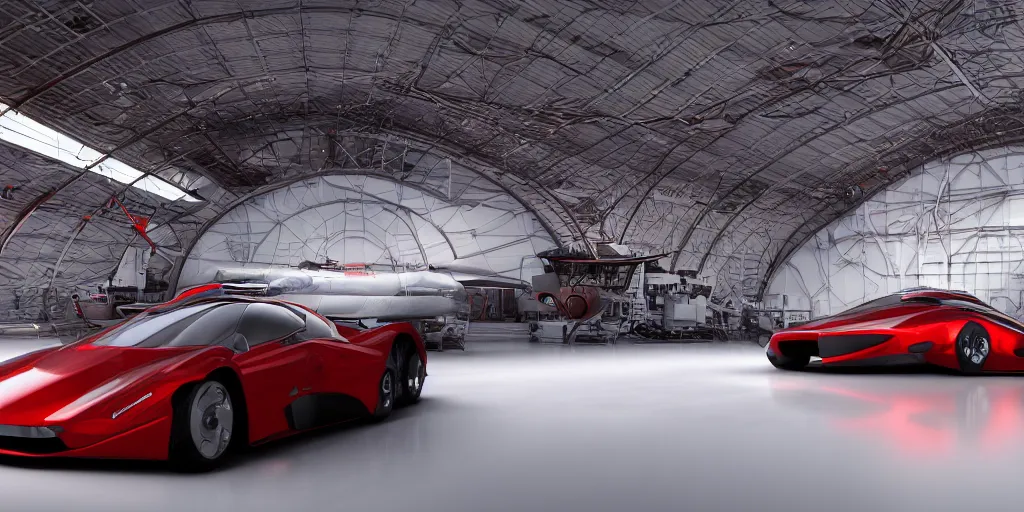 Image similar to kama russian electrocar, inside futuristic hangar, red car, sharp focus, ultra realistic, ultra high pixel detail, cinematic, intricate, cinematic light, unreal engine 8 k