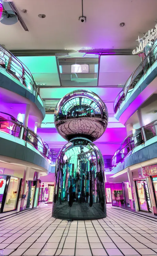 Image similar to photo of a chrome blob in a vaporwave mall, sharp wide shot lofi