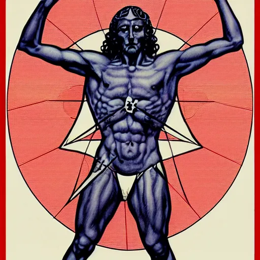 Prompt: occult cyberpunk vitruvian man. propaganda poster, pencil lines and acrylic colors. by heade and froud.