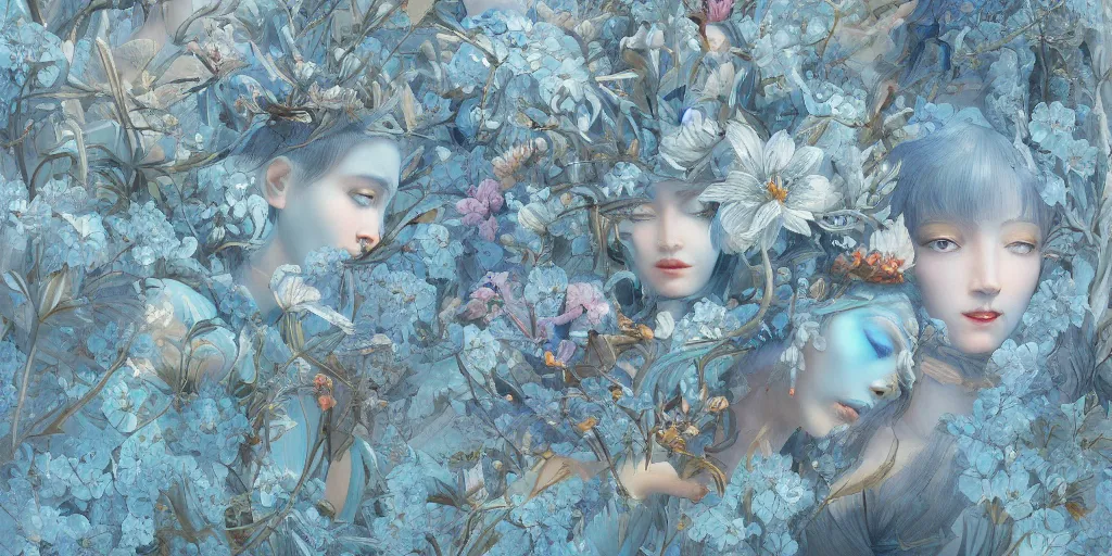 Image similar to breathtaking detailed concept art painting art deco pattern of faces goddesses amalmation light - blue flowers with anxious piercing eyes and blend of flowers and birds, by hsiao - ron cheng and john james audubon, bizarre compositions, exquisite detail, extremely moody lighting, 8 k