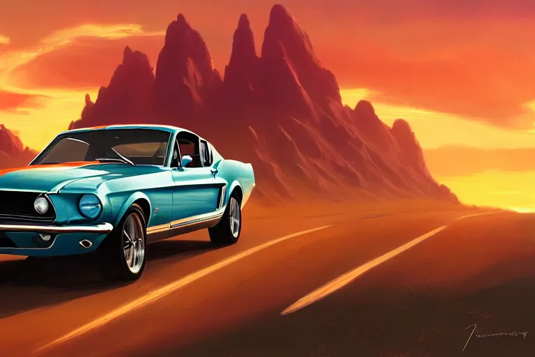 Impression d'art Mustang GT Muscle Car in the Sunset