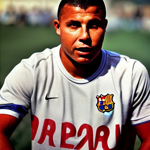 Image similar to real ronaldo fenomeno fc barcelona close up portrait by steve mccurry, year 1 9 9 5