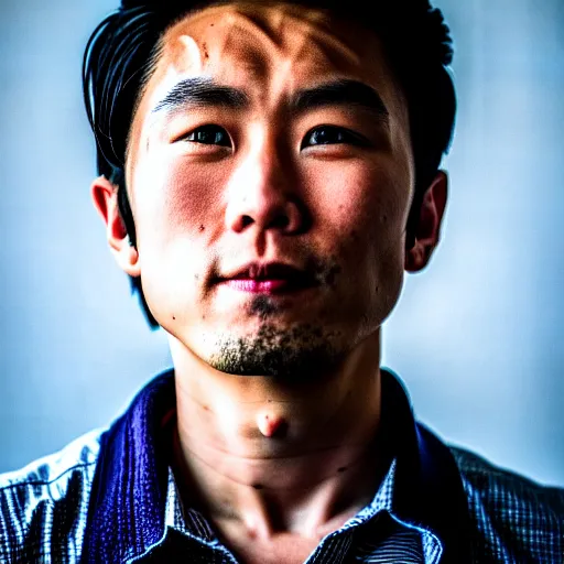 Prompt: a close up photographic portrait of a handsome asian actor looking worried taken by annie leibowitz in the rain. cinematic lighting, blue background colour, 5 0 mm, subsurface scatter.