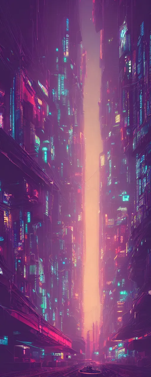 Image similar to a digital painting of a city at night, cyberpunk art by mike winkelmann, artstation, panfuturism, dystopian art, retrowave, synthwave