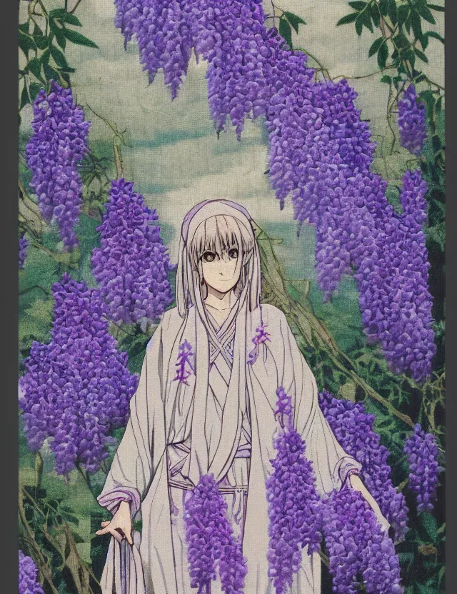 Prompt: priestess of the wisteria hills. embroidered tapestry by the award - winning mangaka, bloom, chiaroscuro, backlighting, depth of field.