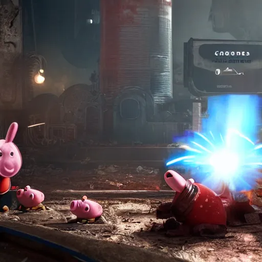 Image similar to Peppa pig in Gears of War, splash art, movie still, cinematic lighting, dramatic, octane render, long lens, shallow depth of field, bokeh, anamorphic lens flare, 8k, hyper detailed, 35mm film grain