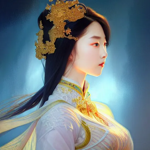 Image similar to ‘ a full portrait of elegant Chinese princess, D&D, blue eyes, fire hair, fantasy, intricate, elegant, highly detailed, digital painting, artstation, concept art, smooth, sharp focus, illustration, art by artgerm and greg rutkowski and alphonse mucha’