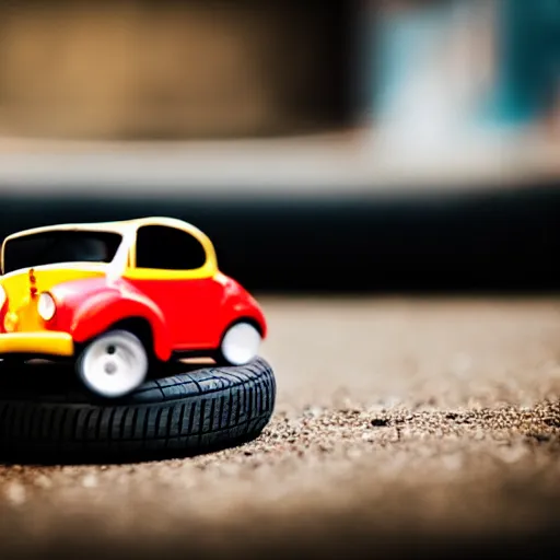 Image similar to toy car next to a tire, bokeh