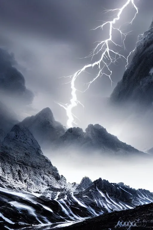 Prompt: digital matte fantasy dreamy mountain scape dark tones snow, lightning, storm, 8 k by alex grey