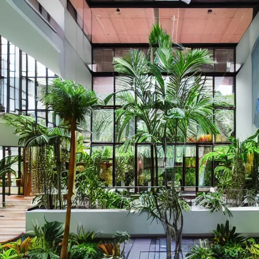 Image similar to The atrium of a refurbished contemporary building filled with tropical plants, 4k