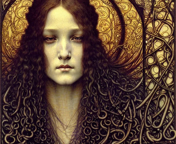 Image similar to detailed realistic beautiful young medieval queen face portrait by jean delville, gustave dore and marco mazzoni, art nouveau, symbolist, visionary, gothic, pre - raphaelite. horizontal symmetry