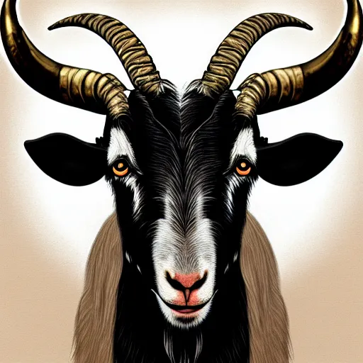 Image similar to detailed portrait of vladimir putin in the form of a goat with detailed big horns, with a pentagram on the background