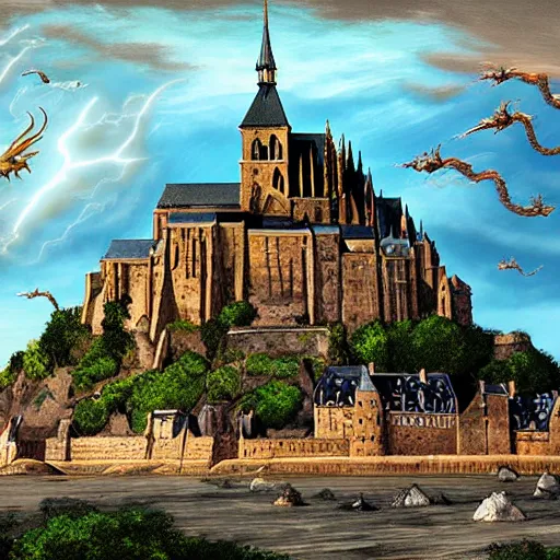 Prompt: landscape of Mont Saint-Michel under attack by dragons, high fantasy, highly detailed digital art