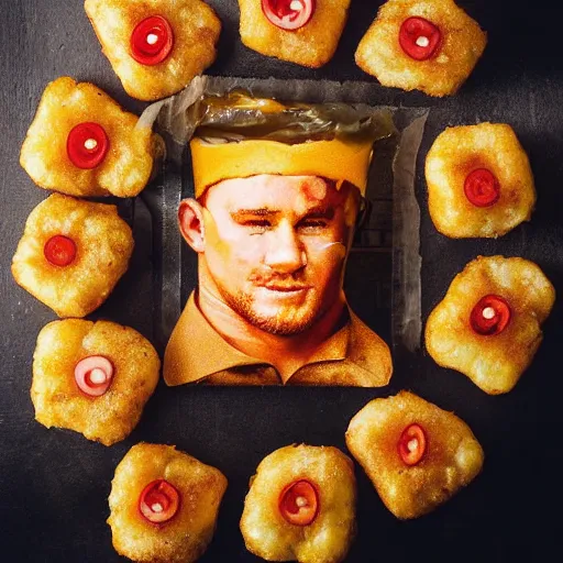 Image similar to food photo of channing tatum's face as giant tater tot on a plate with ketchup