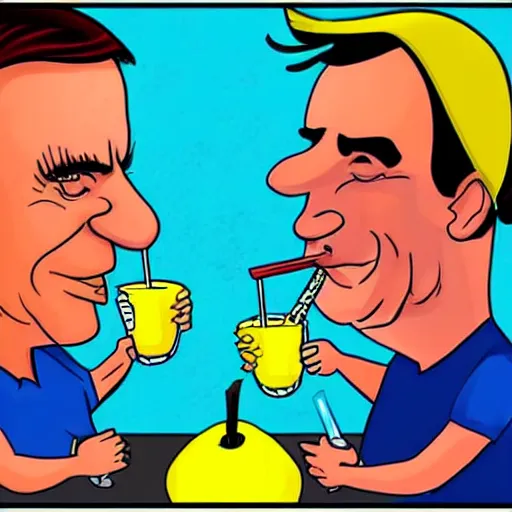 Image similar to cartoon drawing of Bolsonaro and Lula together drinking a lemon drink with Rio de Janeiro mountains on the background