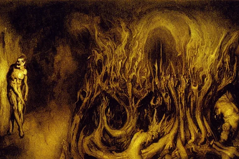 Prompt: pipe organ in hell, detailed baroque oil painting, dark, disturbing by goya and alan lee, smoke, hell on earth