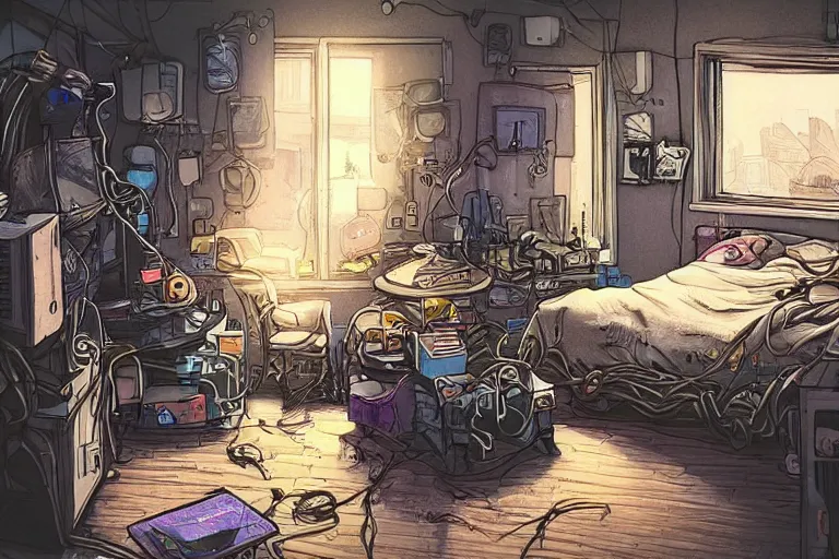 Image similar to a highly detailed illustration of a messy gamer's bedroom, tangled wires, dim lights, messy bed, a sink, cyberpunk, dystopian,