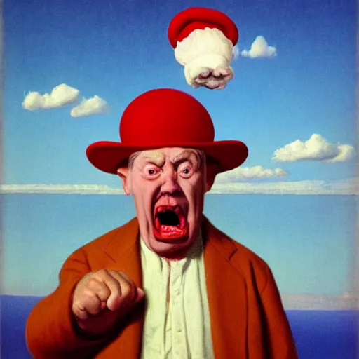 Image similar to a crazy-cooky-old-man yelling and screaming with his fist raised in the air, wearing a funny hat by Raphael, Hopper, and Rene Magritte. detailed, romantic, enchanting, trending on artstation.