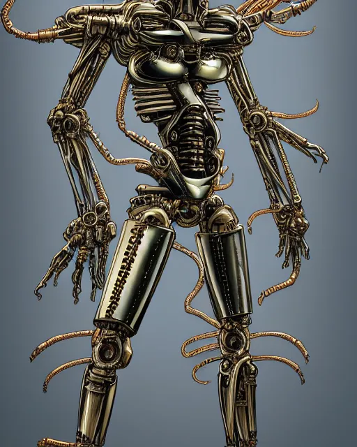 Image similar to mecha xenomorph as vitruvian man by james jean and moebius, biomechanical, iridescent greenwich armour, fencing doublet, ultra wide angle, full body, no crop, golden ratio, hyper details