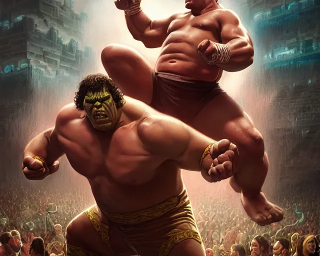 Image similar to hulk hogan body slamming andre the giant wrestlemania 2, deep focus, d & d, fantasy, intricate, elegant, highly detailed, digital painting, artstation, concept art, matte, sharp focus, illustration, hearthstone, art by artgerm and greg rutkowski and alphonse mucha