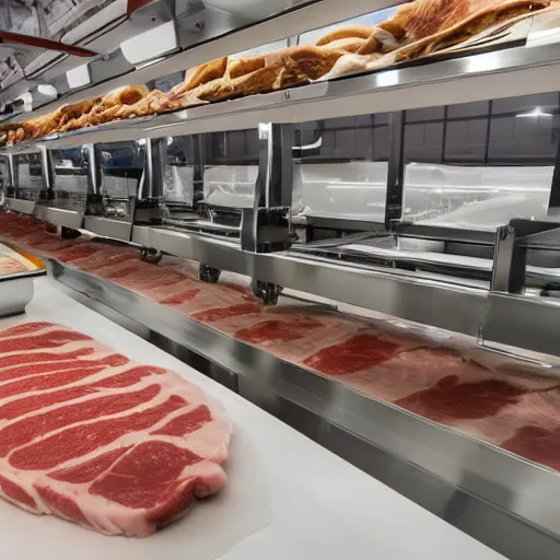 Prompt: butcher shop with three robotic kuka robot cutting machines, steel countertops display various cuts of meat, photorealistic, highly detailed