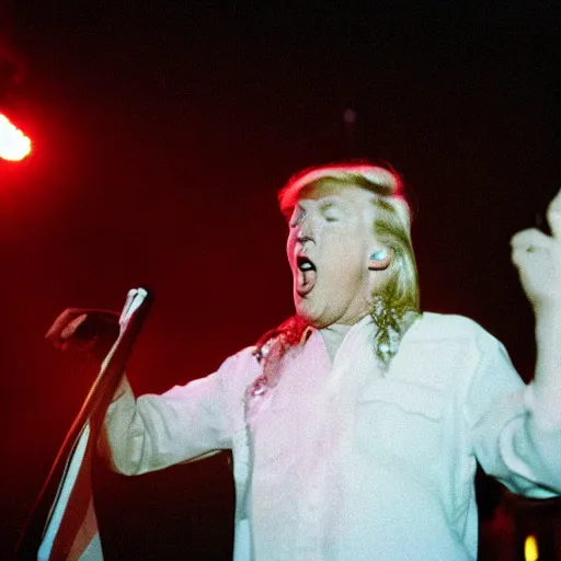 Prompt: photo of donald trump on stage singing in heavy metal band, cinestill, 800t, 35mm, full-HD