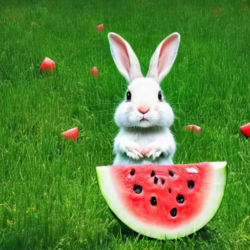 Image similar to a cute rabbit eating watermelon on the green meadow, style by roman shipunov