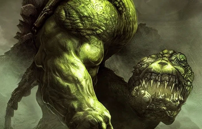 Image similar to elden ring, dark souls, strong humanoid turtle monster, hulk, photorealistic, grimdark, gruesome, full height, front view, golden ratio